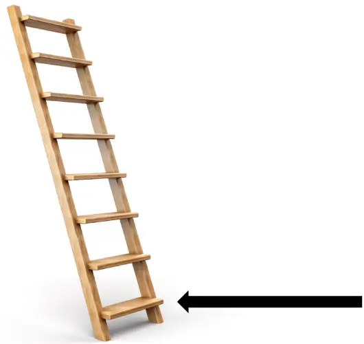 A ladder with a person on the bottom rung, looking up at a person on the top rung.